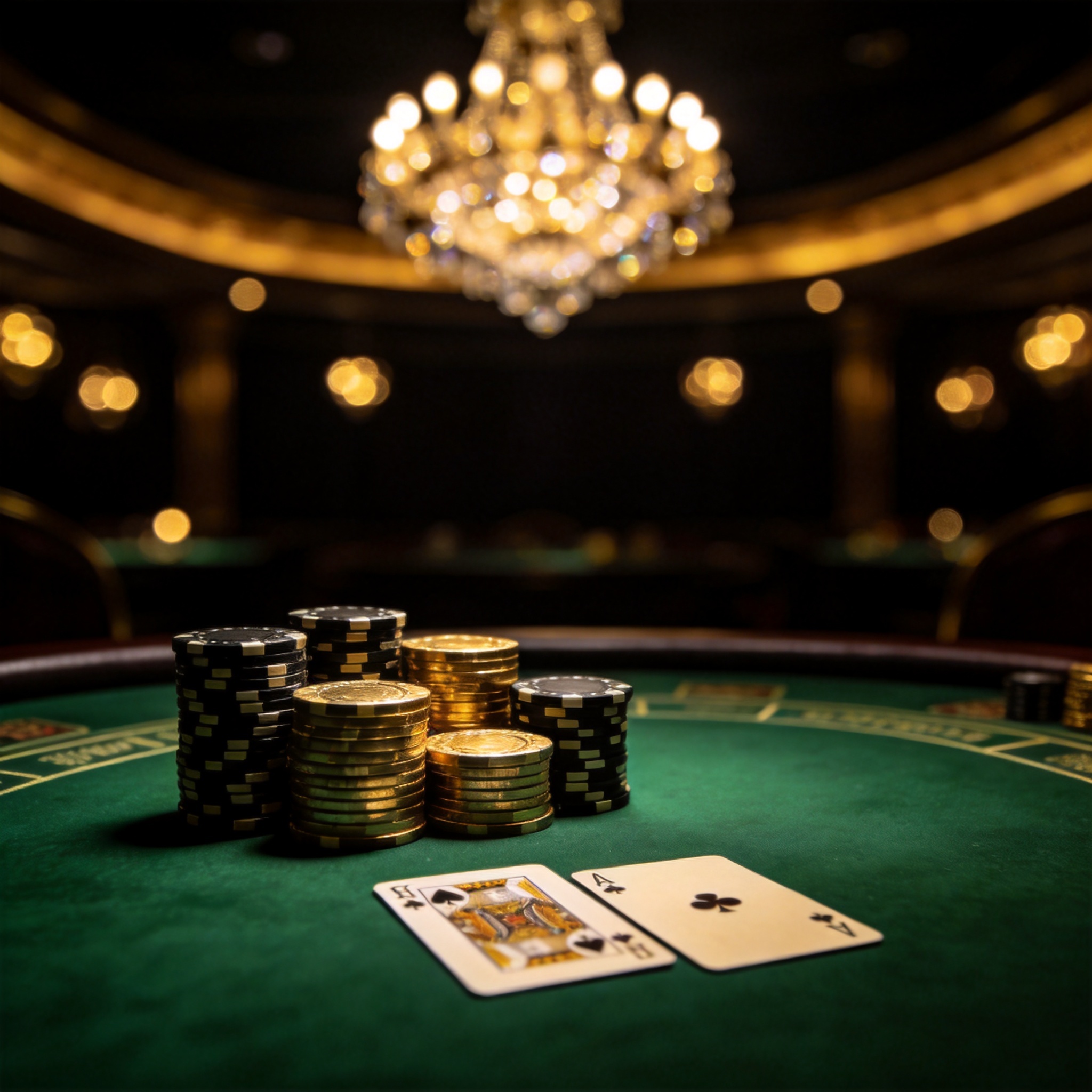 Midnight VIP room with green felt table and golden chips